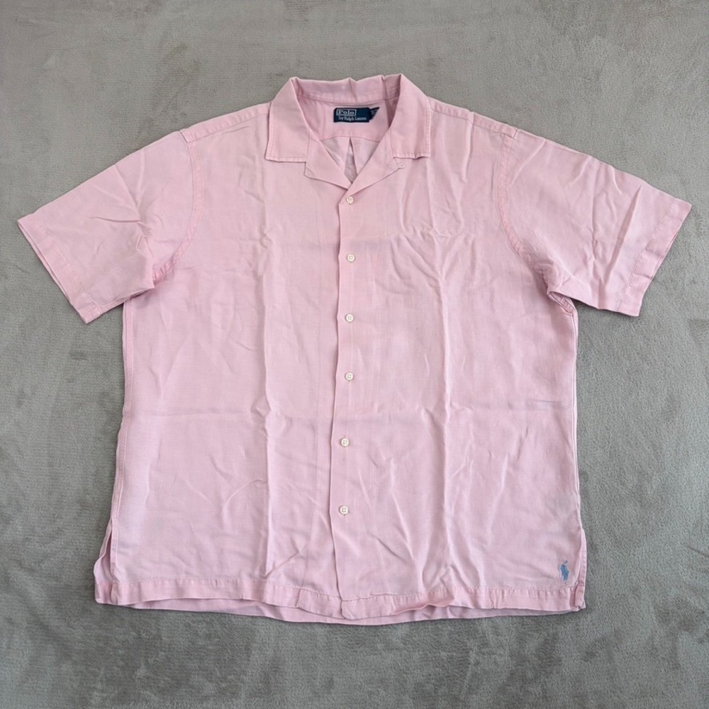 Vintage Polo Ralph Lauren Camp Shirt‎ XL Pink Silk Linen Blue Pony Loop Collar